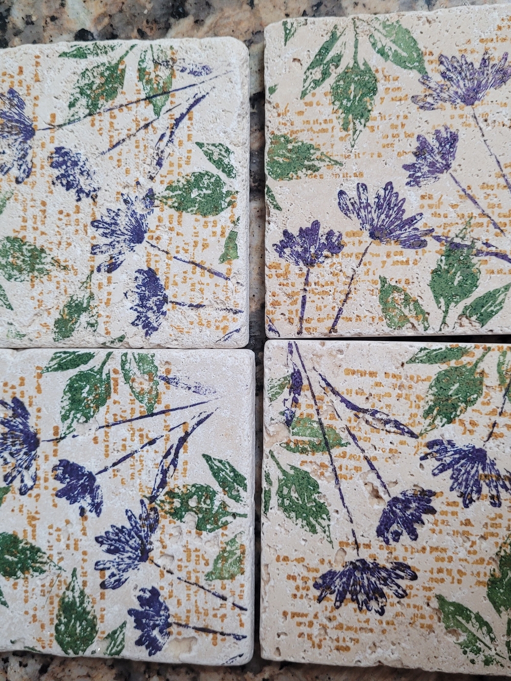 4 Hand-Stamped Floral Stone Coasters - Purple & Green Print